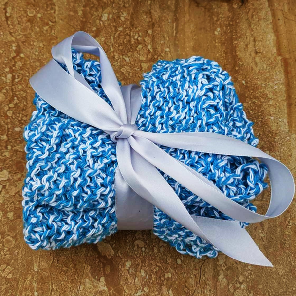 Set of Four Hand-Knit Washcloths, 100% Cotton Dishrags, Blue and White