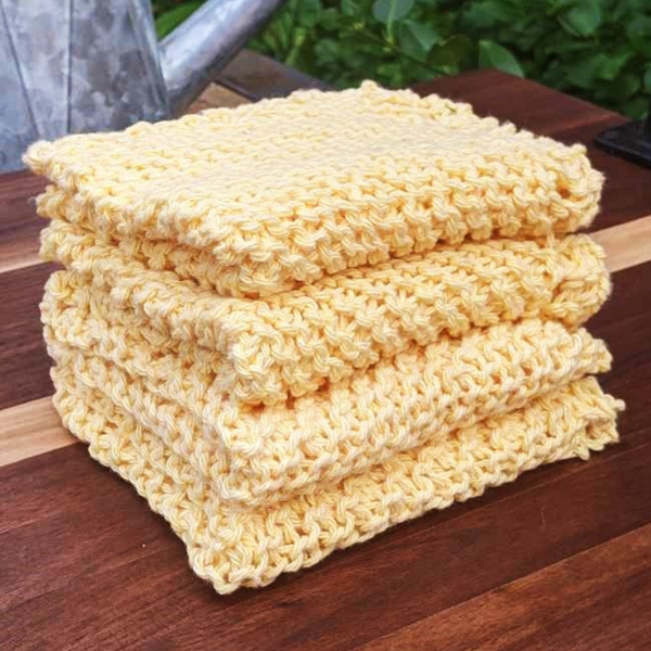 Set of Four Hand-Knit Washcloths, 100% Cotton Dishrags, Bright Yellow
