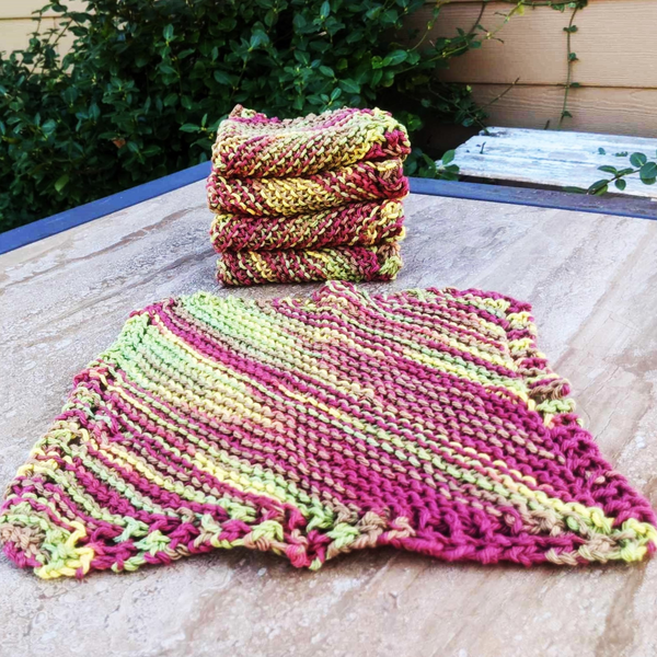 Set of Four Hand-Knit Washcloths, 100% Cotton Dishrags Burgundy, Beige, Sage Green, Golden Yellow