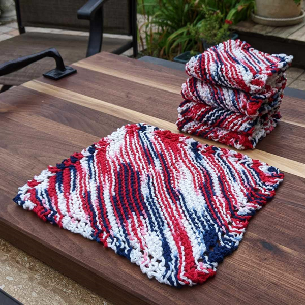 Set of Four Hand-Knit Washcloths, 100% Cotton Dishrags Red, White, & Blue