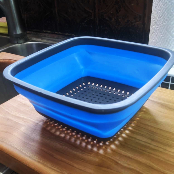 Over the Sink Cherry Wood Edge Grain Cutting Board with Colander and Clear Rubber Grip Feet