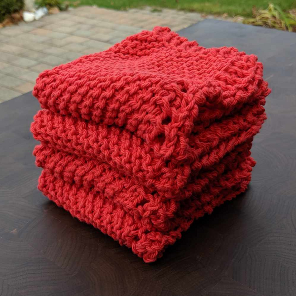 Set of Four Hand-Knit Washcloths, 100% Cotton Dishrags, Red