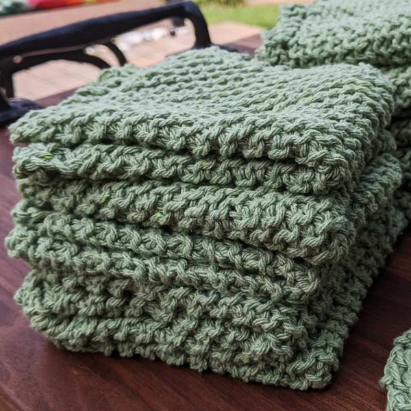 Set of Four Hand-Knit Washcloths, 100% Cotton Dishrags, Sage Green