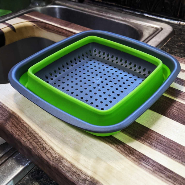 Large Over The Sink Black Walnut Edge Grain Cutting Board with Colander and Clear Rubber Grip Feet