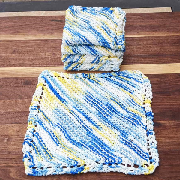 Set of Four Hand-Knit Washcloths, 100% Cotton Dishrags Blue, Yellow, & White