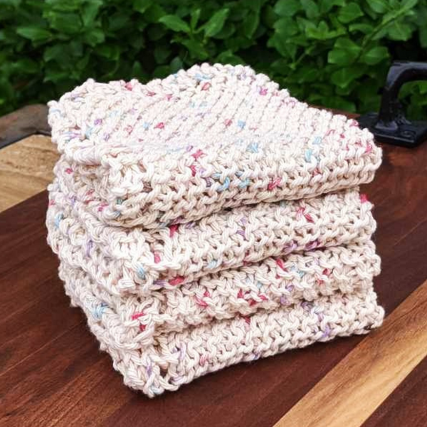 Set of Four Hand-Knit Washcloths, 100% Cotton Dishrags, Cream, Light Blue, & Light Pink