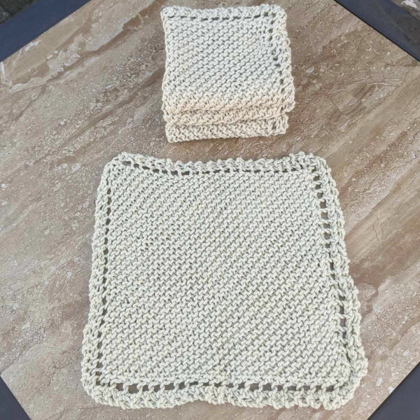 Set of Four Hand-Knit Washcloths, 100% Cotton Dishrags Tan, Beige