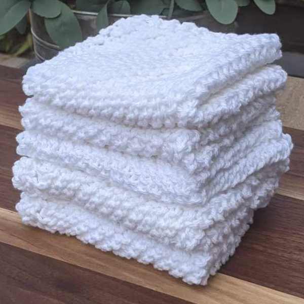 Set of Four Hand-Knit Washcloths, 100% Cotton Dishrags, White