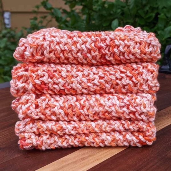 Set of Four Hand-Knit Washcloths, 100% Cotton Dishrags Orange & White
