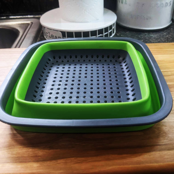 Over the Sink Cherry Wood Edge Grain Cutting Board with Colander and Clear Rubber Grip Feet