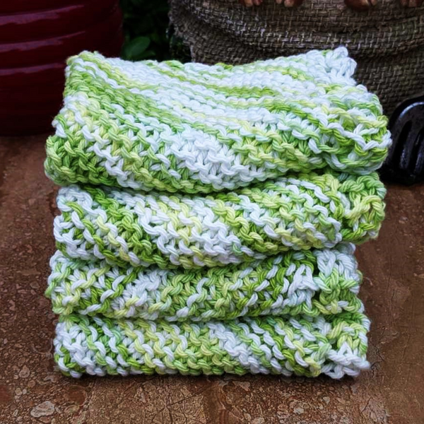 Set of Four Hand-Knit Washcloths, 100% Cotton Dishrags, "Key Lime Pie" White, Yellow, Lime Green