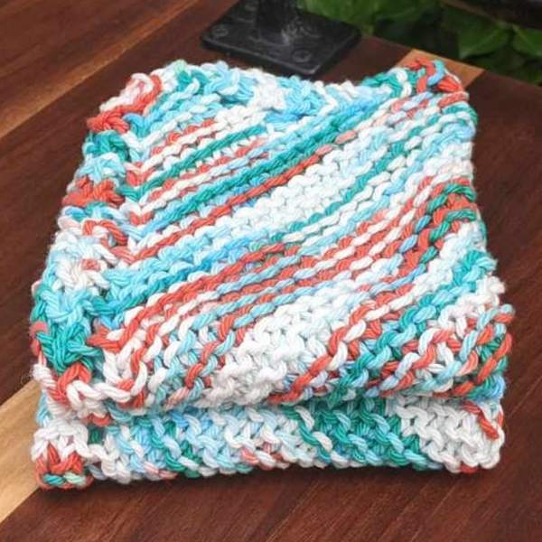 Set of Two Hand-Knit Washcloths, 100% Cotton Dishrags, Green, Blue, Orange, & White Ombre