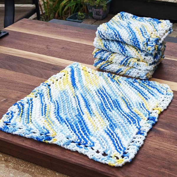 Set of Four Hand-Knit Washcloths, 100% Cotton Dishrags Blue, Yellow, & White