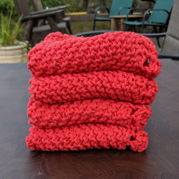 Set of Four Hand-Knit Washcloths, 100% Cotton Dishrags, Red