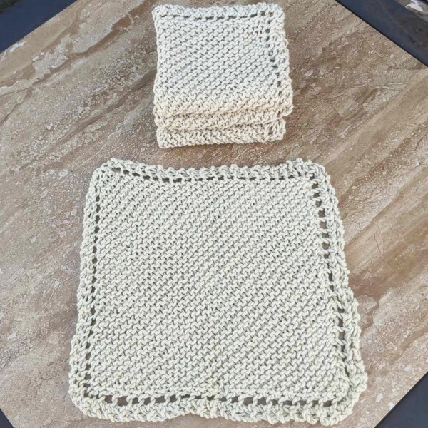 Set of Four Hand-Knit Washcloths, 100% Cotton Dishrags Tan, Beige