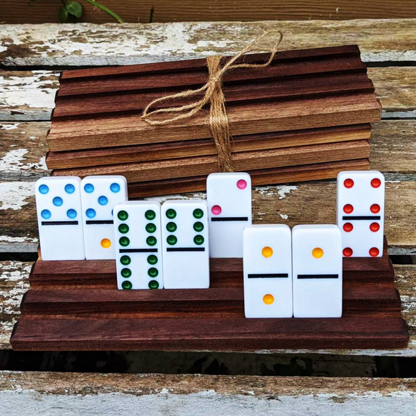 Set of FOUR Mini Black Walnut Wood Domino Holders with 3 Angled Domino Slots, Set of 4 Small Wooden Domino Rack Stands.