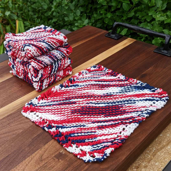 Set of Four Hand-Knit Washcloths, 100% Cotton Dishrags Red, White, & Blue