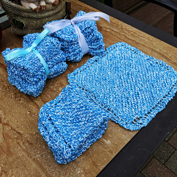 Set of Four Hand-Knit Washcloths, 100% Cotton Dishrags, Blue and White