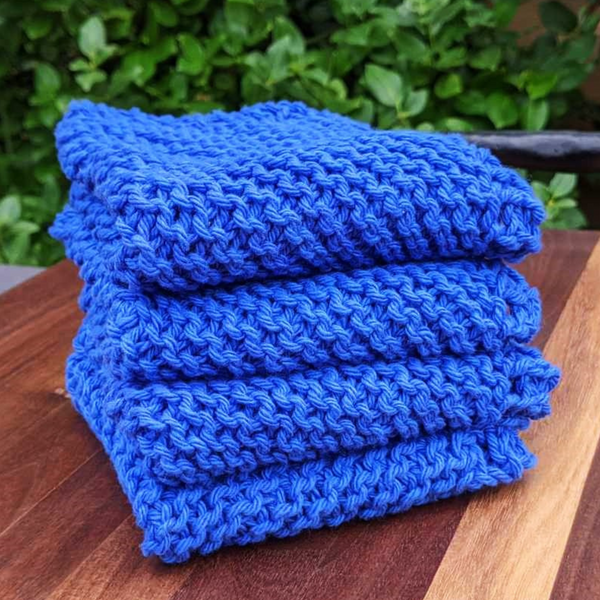 Set of Four Hand-Knit Washcloths, 100% Cotton Dishrags Bright Cobalt Blue