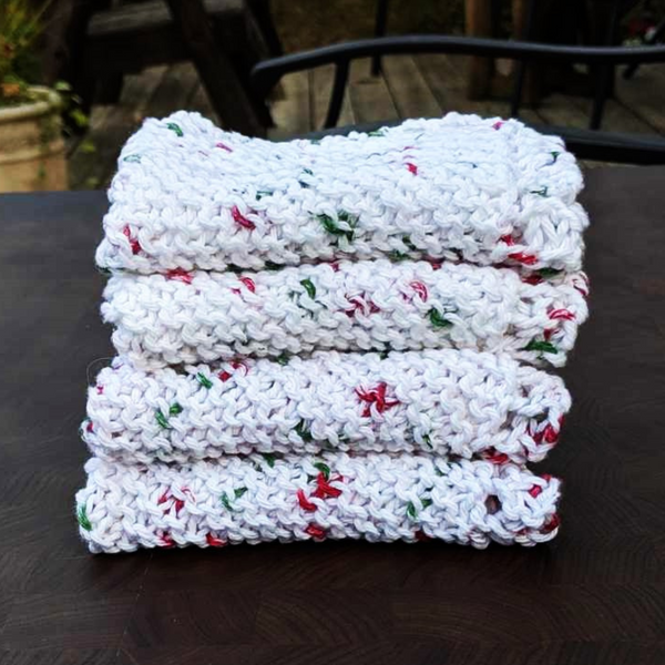 Four Hand-Knit Washcloths, 100% Cotton Dishrags, "Holly Jolly" Christmas Red, Green, & White