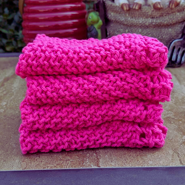 Set of Four Hand-Knit Washcloths, 100% Cotton Dish Cloths, Bright Magenta
