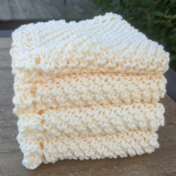 Set of Four Hand-Knit Washcloths, 100% Cotton Dishrags Light Soft Yellow
