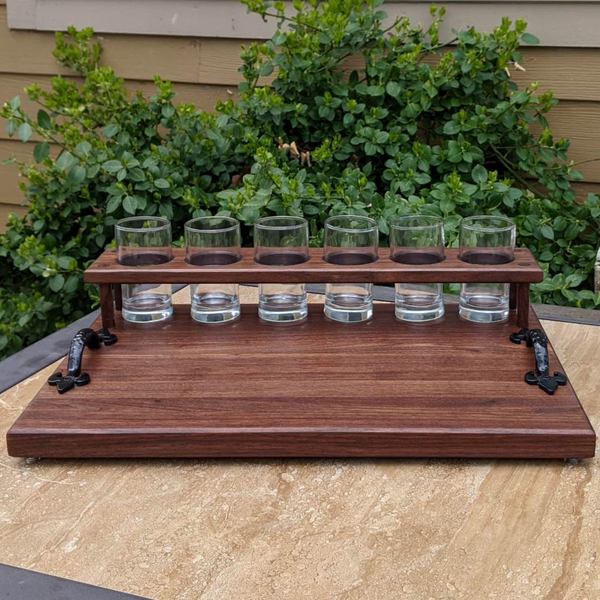 Black Walnut Wood Beer Flight Butcher Block / Charcuterie Board with 5.5 oz. Taster Glasses, Stainless Steel Sauce Cups, Cast Iron Handles, & Clear Rubber Grip Feet