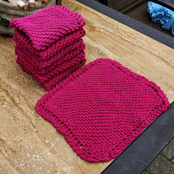 Set of Four Hand-Knit Washcloths, 100% Cotton Dishrags Magenta / Fuschia