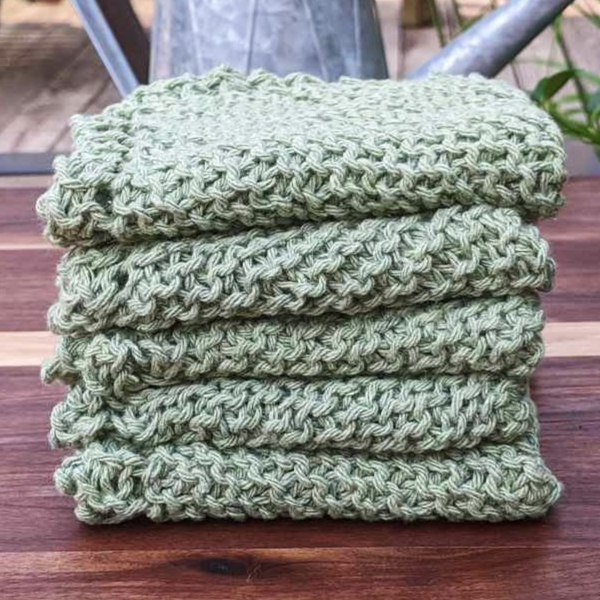 Set of Four Hand-Knit Washcloths, 100% Cotton Dishrags, Sage Green