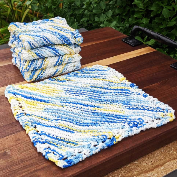 Set of Four Hand-Knit Washcloths, 100% Cotton Dishrags Blue, Yellow, & White