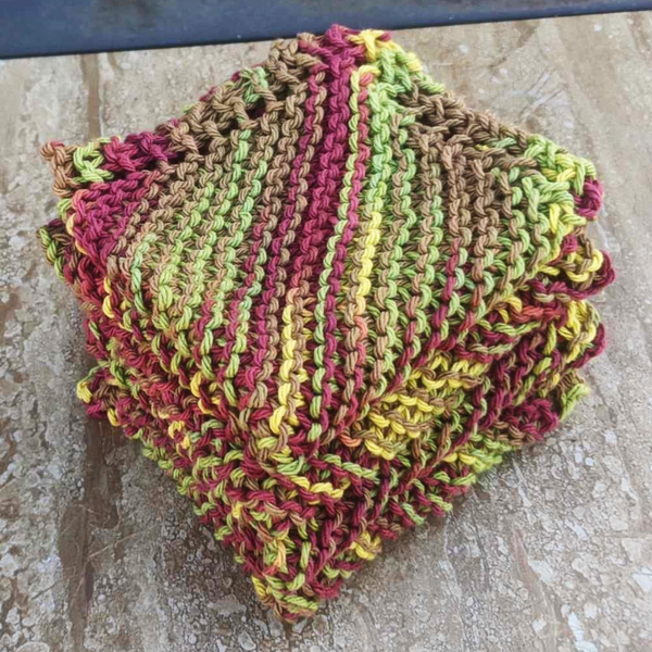 Set of Four Hand-Knit Washcloths, 100% Cotton Dishrags Burgundy, Beige, Sage Green, Golden Yellow