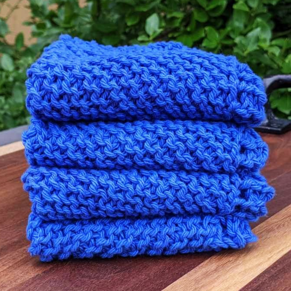 Set of Four Hand-Knit Washcloths, 100% Cotton Dishrags Bright Cobalt Blue