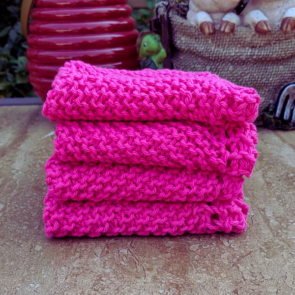 Set of Four Hand-Knit Washcloths, 100% Cotton Dish Cloths, Bright Magenta