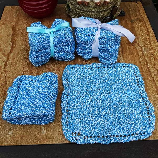 Set of Four Hand-Knit Washcloths, 100% Cotton Dishrags, Blue and White