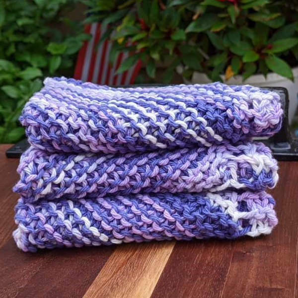 Set of Three Hand-Knit Washcloths, 100% Cotton Dishrags, Light Purple, Dark Purple, & White