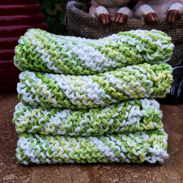Set of Four Hand-Knit Washcloths, 100% Cotton Dishrags, "Key Lime Pie" White, Yellow, Lime Green