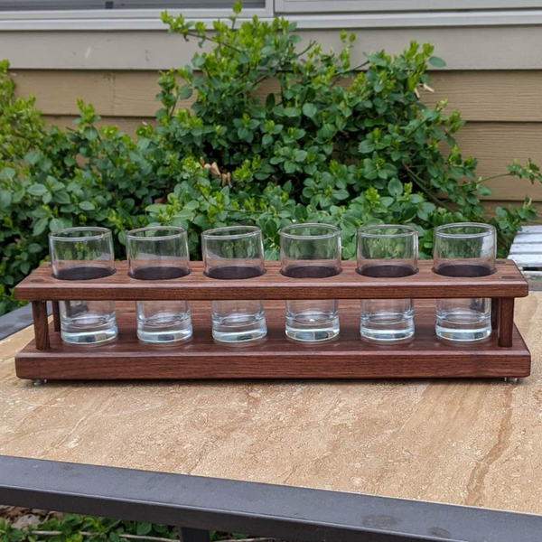 Black Walnut Wood Beer Flight Butcher Block / Charcuterie Board with 5.5 oz. Taster Glasses, Stainless Steel Sauce Cups, Cast Iron Handles, & Clear Rubber Grip Feet
