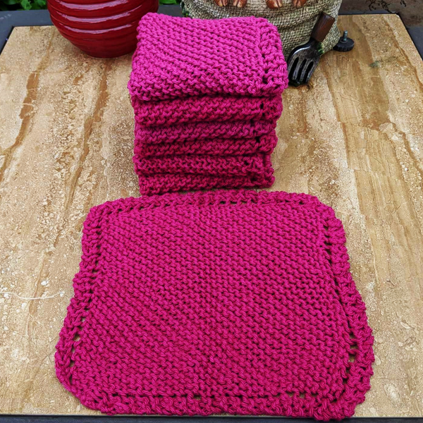 Set of Four Hand-Knit Washcloths, 100% Cotton Dishrags Magenta / Fuschia