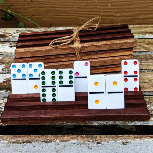 Set of FOUR Mini Black Walnut Wood Domino Holders with 3 Angled Domino Slots, Set of 4 Small Wooden Domino Rack Stands.