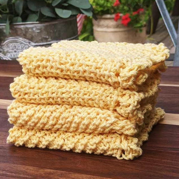 Set of Four Hand-Knit Washcloths, 100% Cotton Dishrags, Bright Yellow
