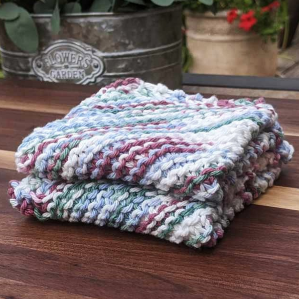 Set of Two Hand-Knit Washcloths, 100% Cotton Dishrags, Purple, White, & Blue