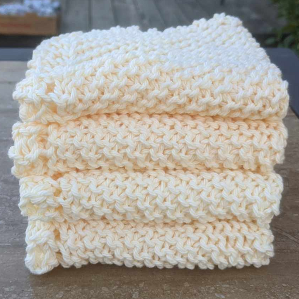 Set of Four Hand-Knit Washcloths, 100% Cotton Dishrags Light Soft Yellow