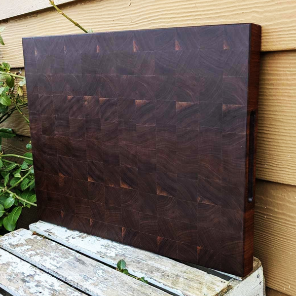 Large Black Walnut Wood End Grain Cutting Board with Hand Grooves, Wooden Butcher Board