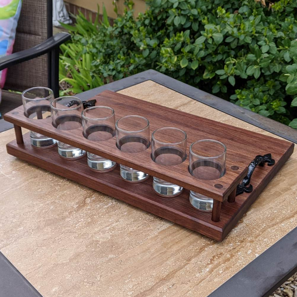 Black Walnut Wood Beer Flight Butcher Block / Charcuterie Board with 5.5 oz. Taster Glasses, Stainless Steel Sauce Cups, Cast Iron Handles, & Clear Rubber Grip Feet