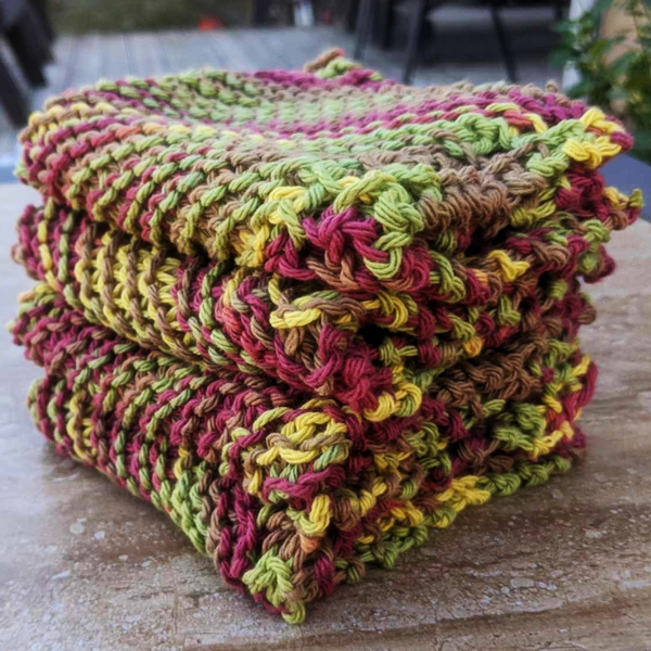 Set of Four Hand-Knit Washcloths, 100% Cotton Dishrags Burgundy, Beige, Sage Green, Golden Yellow