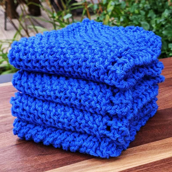 Set of Four Hand-Knit Washcloths, 100% Cotton Dishrags Bright Cobalt Blue