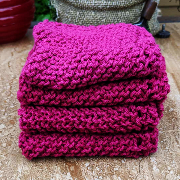 Set of Four Hand-Knit Washcloths, 100% Cotton Dishrags Magenta / Fuschia