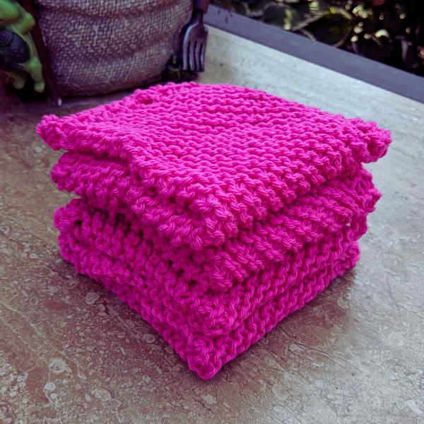 Set of Four Hand-Knit Washcloths, 100% Cotton Dish Cloths, Bright Magenta