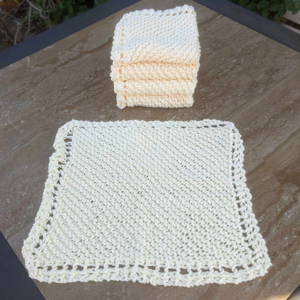 Set of Four Hand-Knit Washcloths, 100% Cotton Dishrags Light Soft Yellow