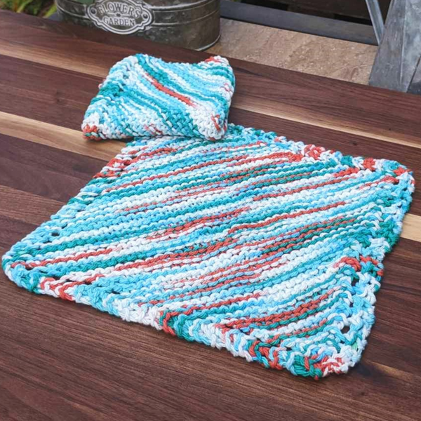 Set of Two Hand-Knit Washcloths, 100% Cotton Dishrags, Green, Blue, Orange, & White Ombre